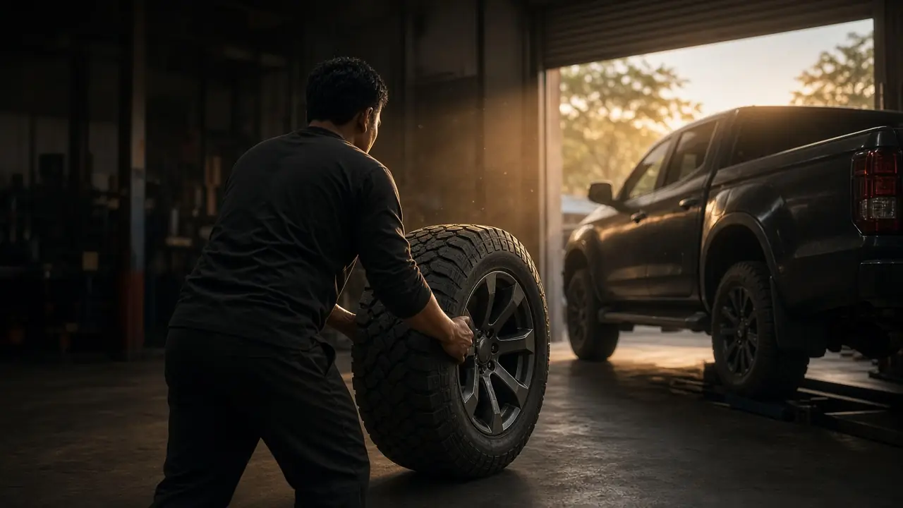 RS Racing technician rolling a 4x4 wheel toward a pickup at the open workshop shutter