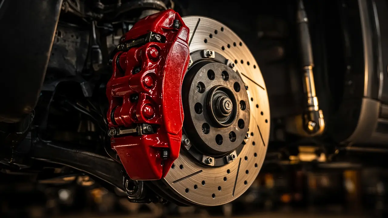 Red six-piston brake caliper over a drilled and slotted disc on a pickup hub