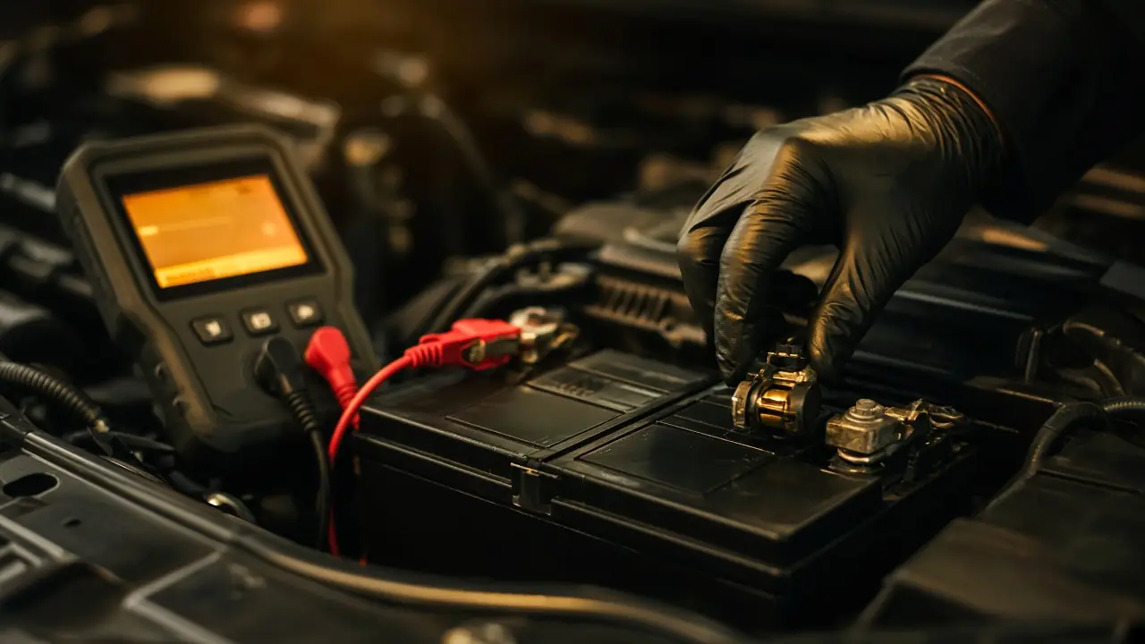 Technician tightening the terminal on a new battery with a digital battery tester connected