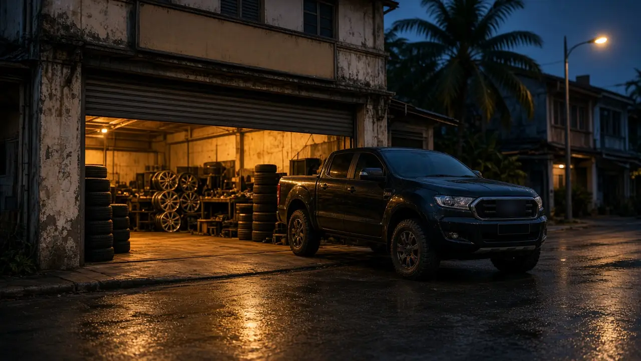 Shophouse tyre workshop at night with the shutter open and a black pickup parked outside