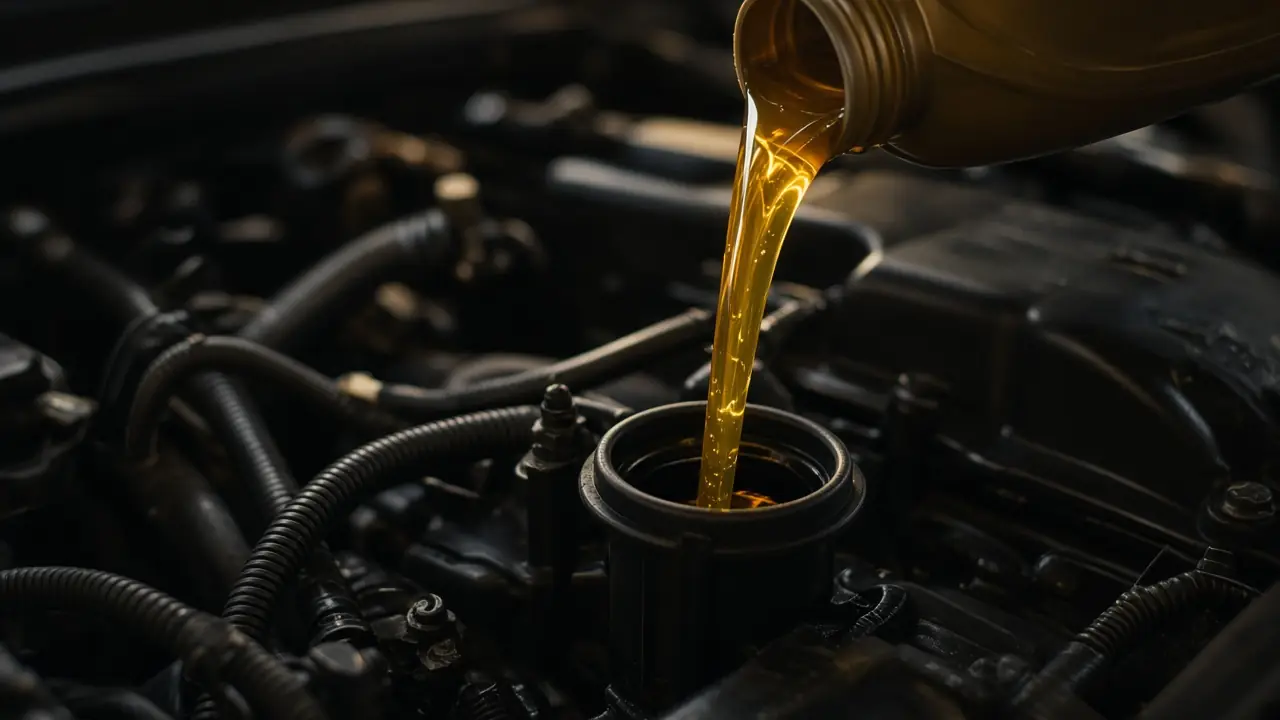Fresh engine oil pouring into the filler neck of a diesel pickup engine