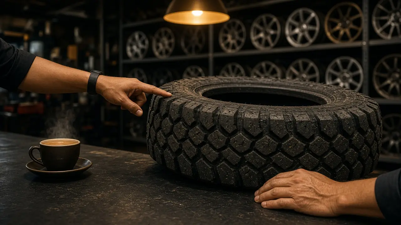 Technician pointing out tread wear on a 4x4 tyre at the service counter, kopi on the side