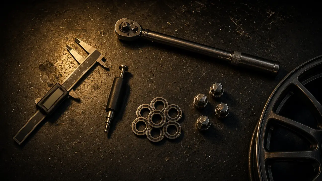 Caliper, torque wrench, hub-centric rings and wheel nuts laid out on a workbench beside a rim