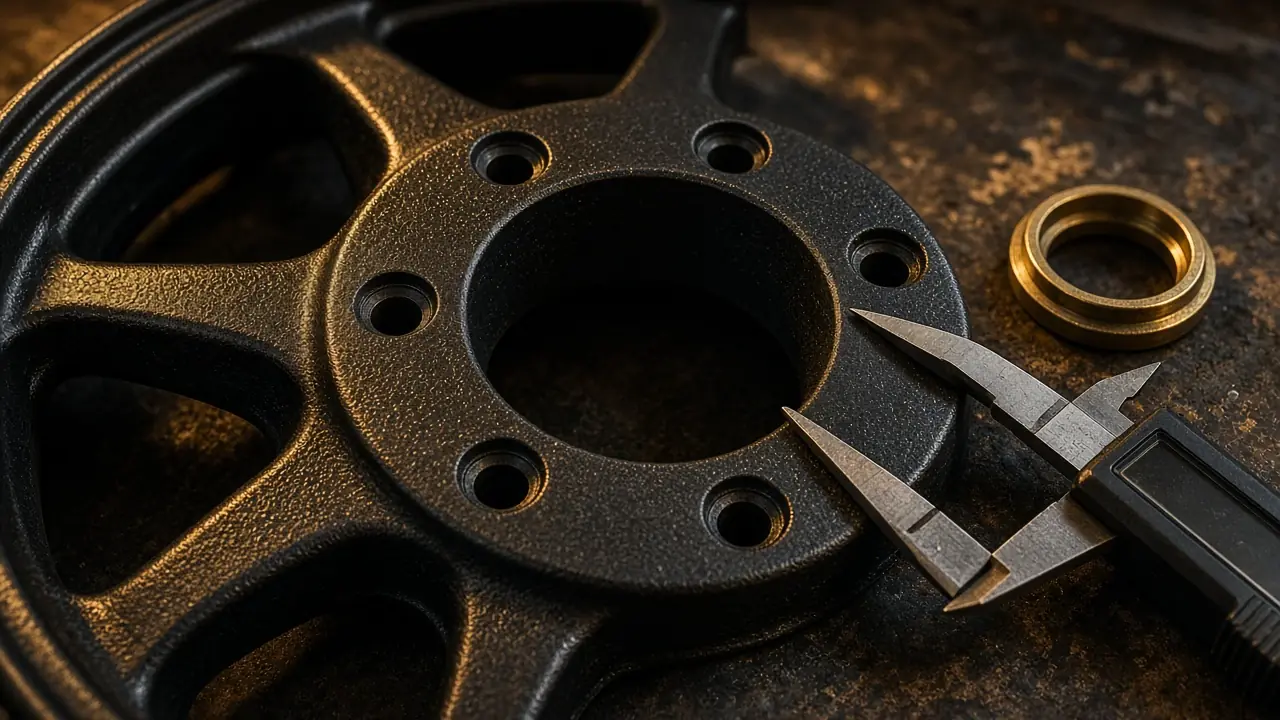 Back of a six-stud alloy rim with a caliper measuring the centre bore and a hub-centric ring beside it