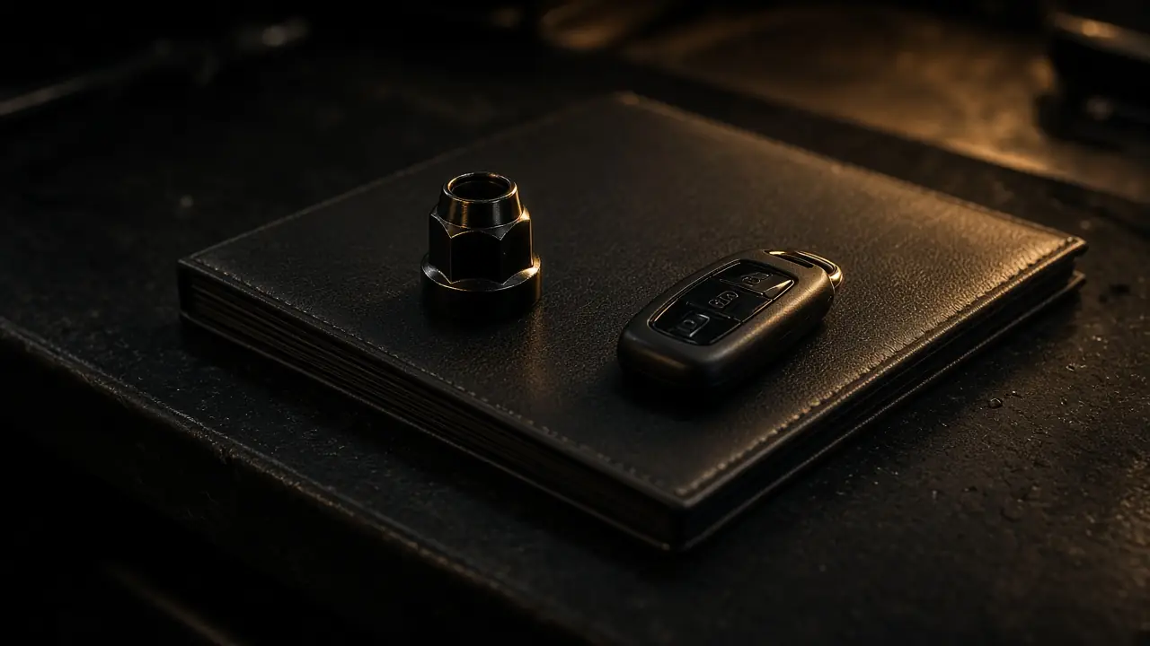 Wheel nut and car key resting on a leather service folder