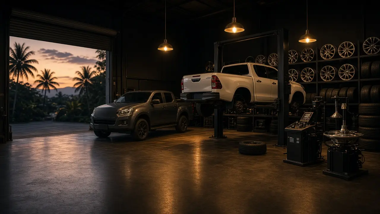 RS Racing workshop bays at dusk with pickups on the lift, rim racks, tyre changer and wheel balancer