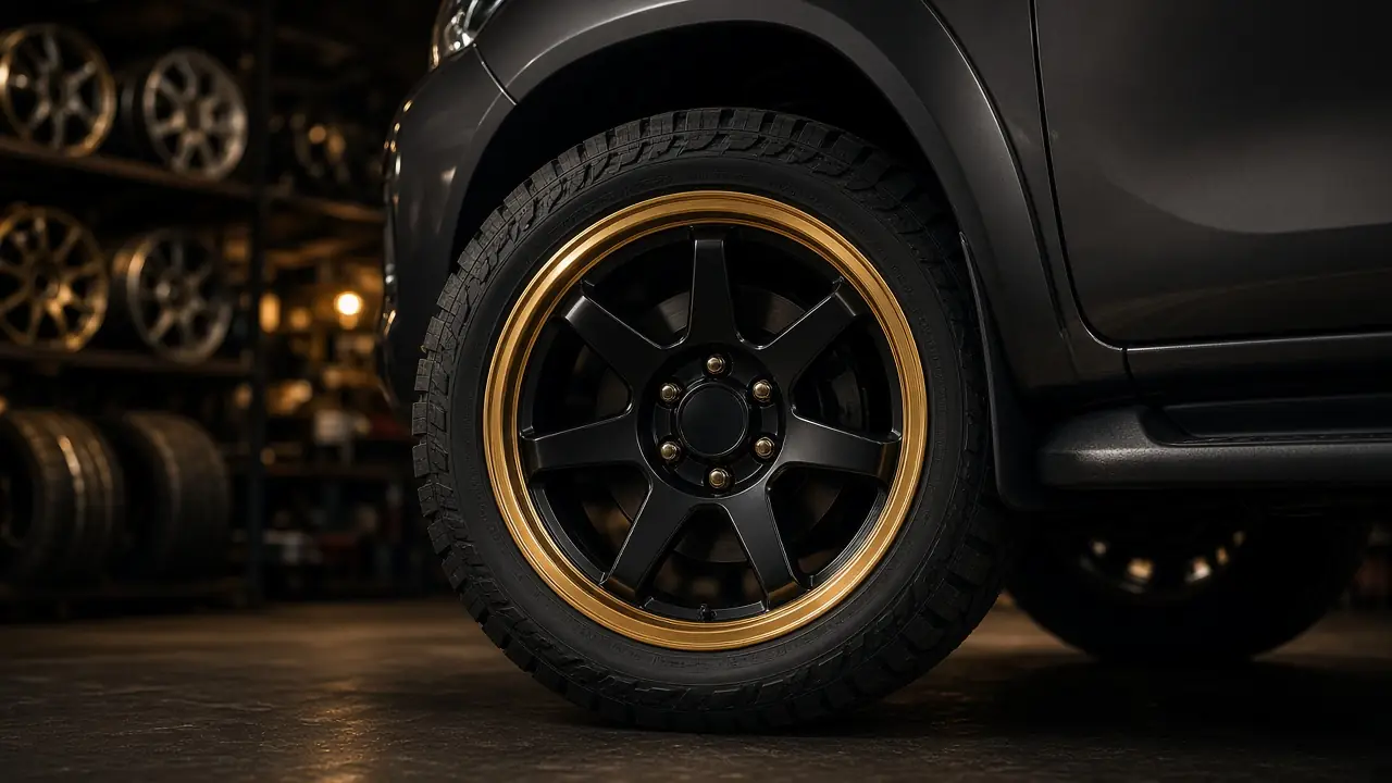 Black sport rim with gold lip and all-terrain tyre fitted on a dark grey pickup in the workshop