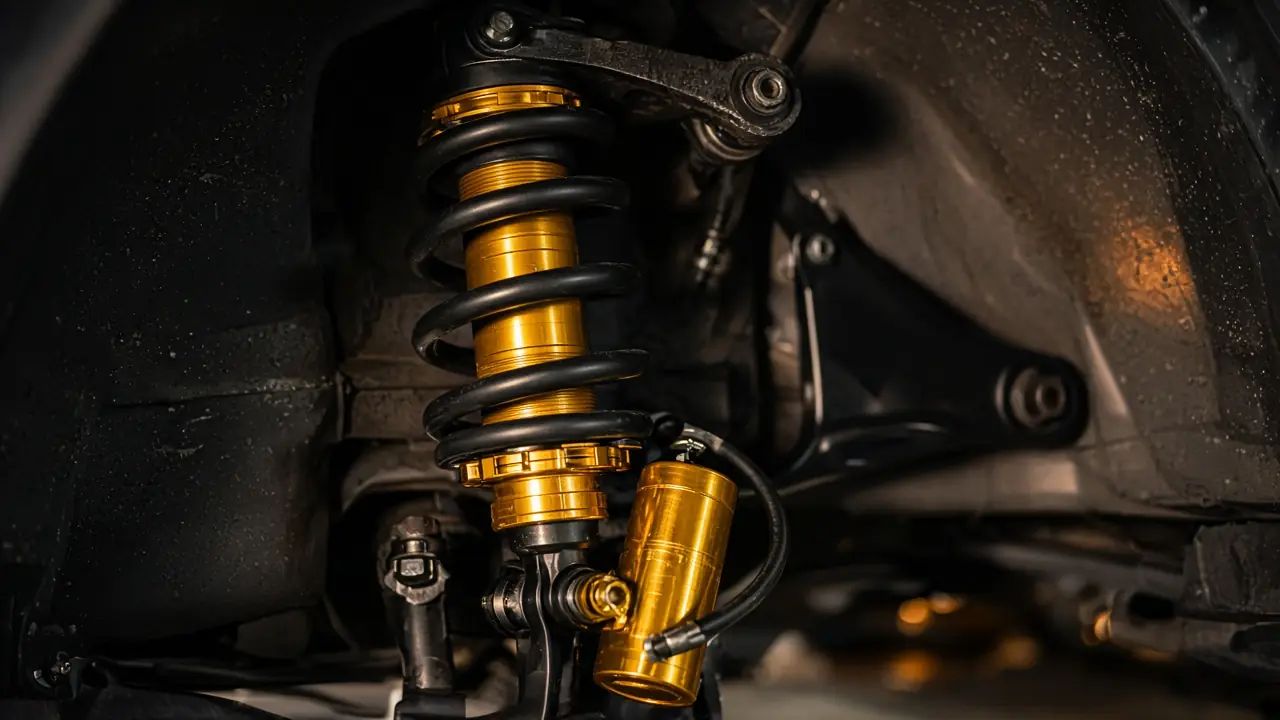 Gold coil-over shock with remote reservoir installed in the front wheel well of a lifted pickup