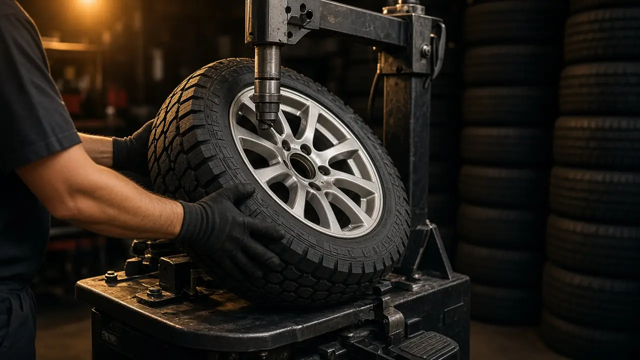 Technician mounting a new all-terrain tyre on an alloy rim using a tyre changing machine