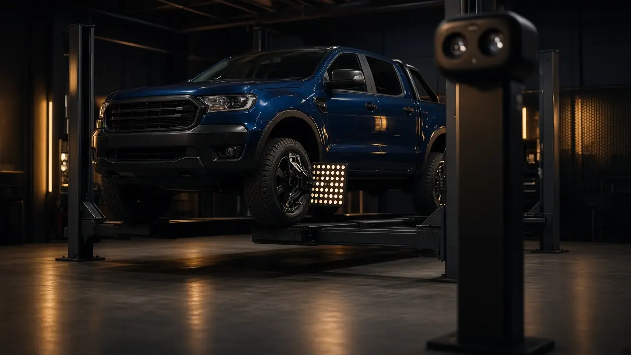 Ford Ranger on an alignment lift with a 3D alignment target clamped to the front wheel and camera tower beside it