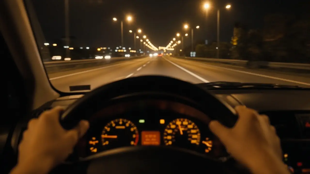 Driver hands on the steering wheel of a pickup on a Malaysian highway at night